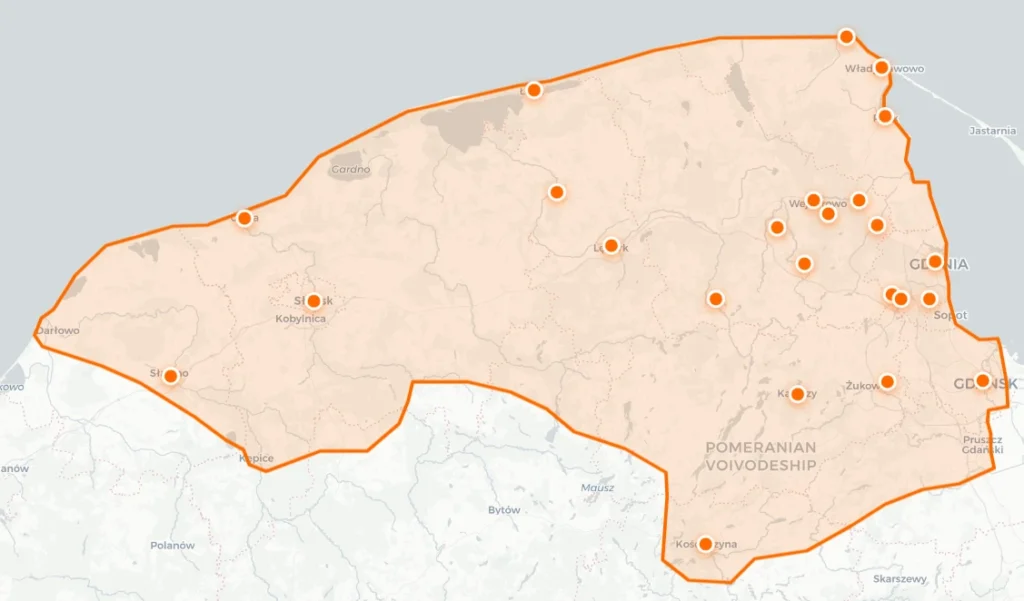 Pranie i mapa Pomorze miasta Wejherowo Lębork Słupsk Sławno Ustka
